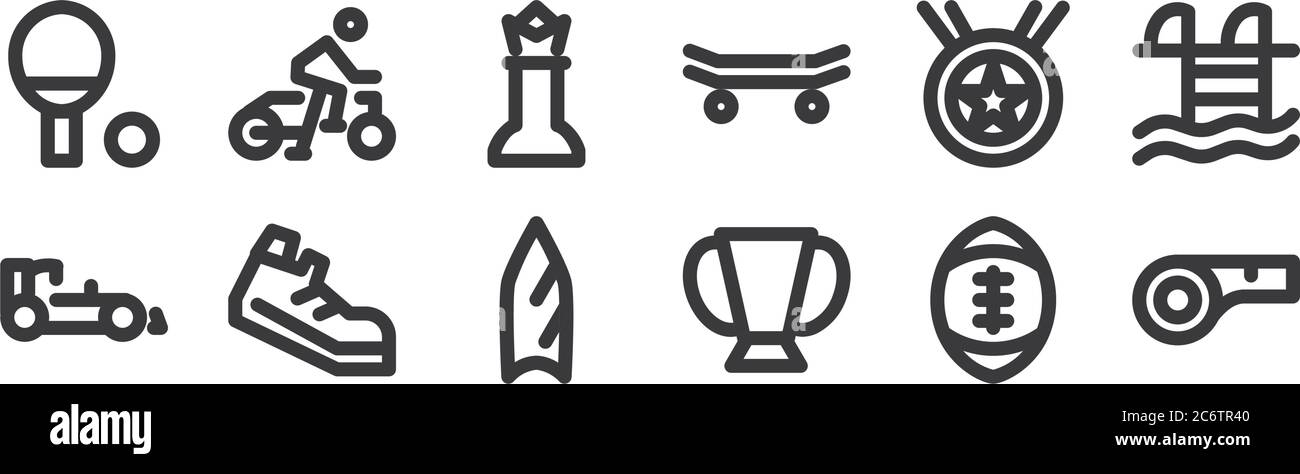 12 insieme di icone sportive lineari. icone con contorni sottili come fischio, trofeo, corsa, medaglia, scacchi, bicicletta per il web, cellulare Illustrazione Vettoriale