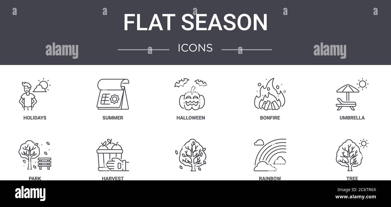 set di icone per la linea concettuale di stagione piatta. contiene icone utilizzabili per il web, il logo, l'interfaccia utente/utente, come estate, falò, parco, arcobaleno, albero, ombrello, halloween Illustrazione Vettoriale