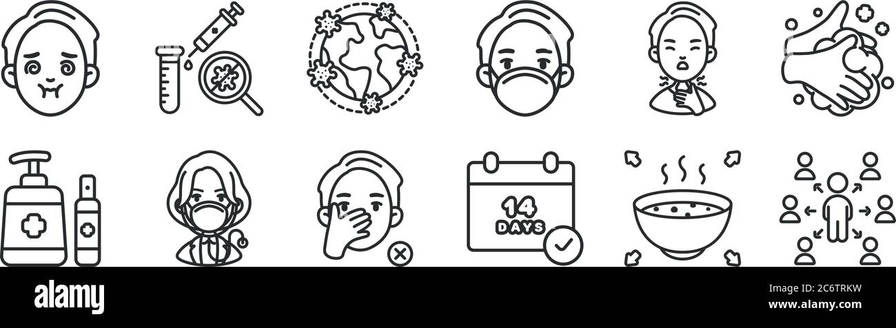 set di 12 icone sottili come trasmissione di virus, quarantena, medico, mal di gola, pandemia, nessun vaccino per il web, mobile Illustrazione Vettoriale