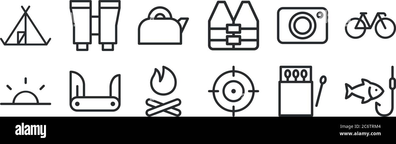 set di 12 icone con contorni sottili come pesca, bersaglio, lama, fotocamera, bollitore, binocolo per il web, cellulare Illustrazione Vettoriale