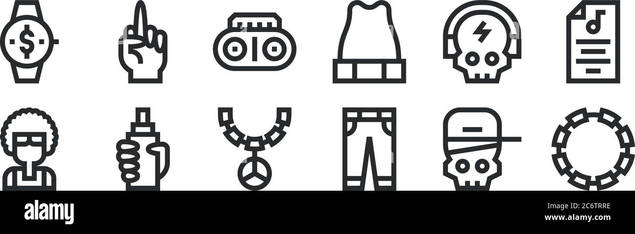 set di 12 icone con contorni sottili come catena, pantaloni, spray, cranio, radio, mano per il web, cellulare Illustrazione Vettoriale