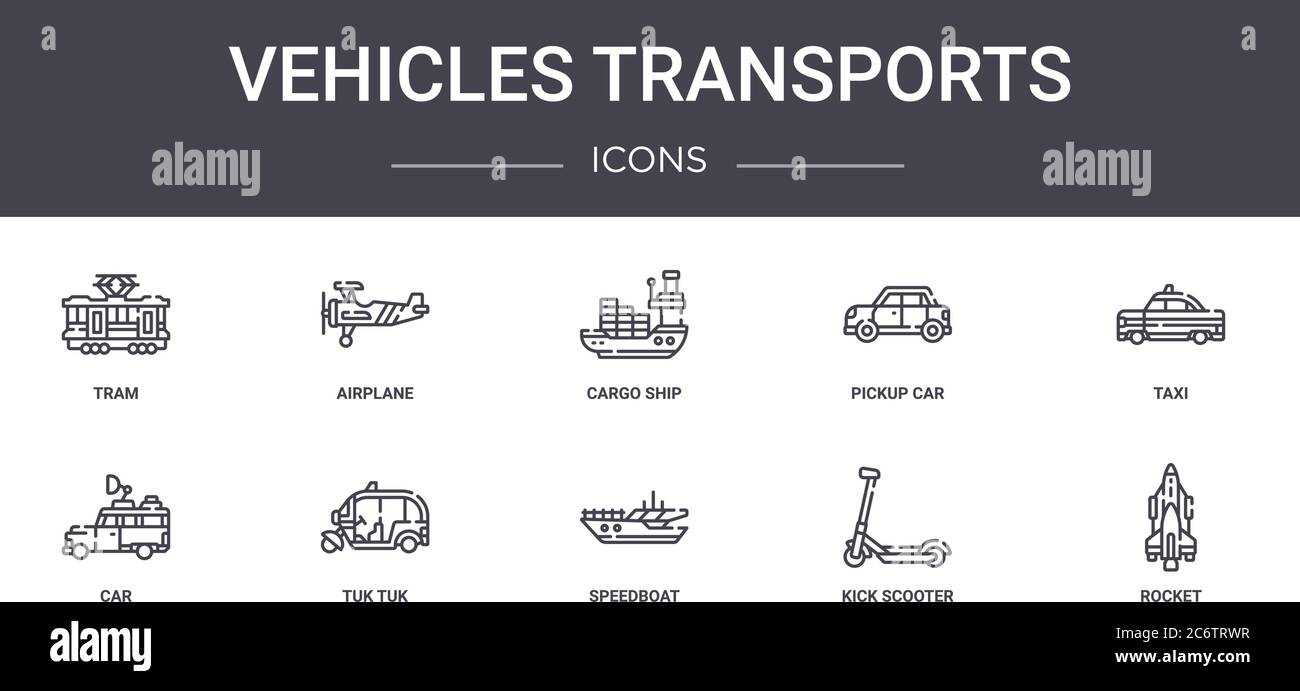 veicoli trasporta il set di icone della linea concettuale. contiene icone utilizzabili per il web, il logo, l'interfaccia utente/ux come aereo, auto di prelievo, auto, motoscafo, kick scooter, roc Illustrazione Vettoriale