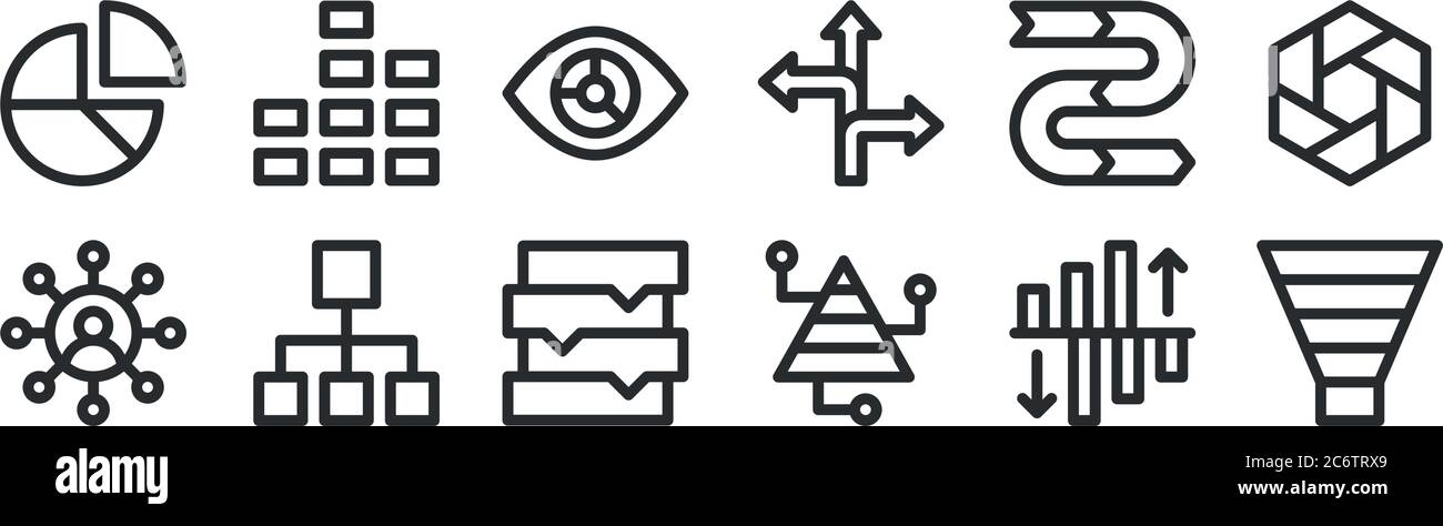 set di 12 icone di contorno sottili come imbuto, infografica, struttura gerarchica, freccia, visualizzazione, grafico a barre per il web, mobile Illustrazione Vettoriale