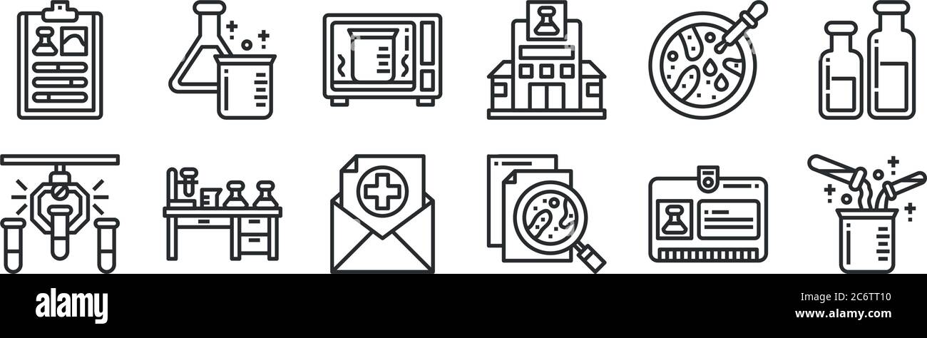 set di 12 icone con contorni sottili come esperimento, ricerca medica, scrivania, pipetta, sperimentazione, provetta per web, mobile Illustrazione Vettoriale