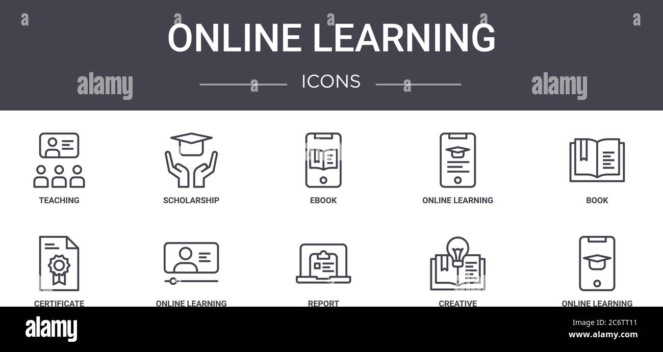 set di icone della linea di concetto di apprendimento online. contiene icone utilizzabili per il web, il logo, l'interfaccia utente/utente, come borse di studio, formazione online, certificati, report, creativi Illustrazione Vettoriale