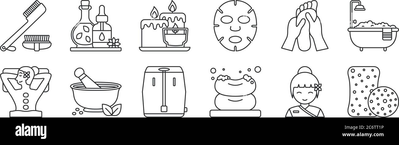 set di 12 icone di contorno sottile come spugna, sapone, mortaio, massaggio ai piedi, candela, olio essenziale per il web, mobile Illustrazione Vettoriale