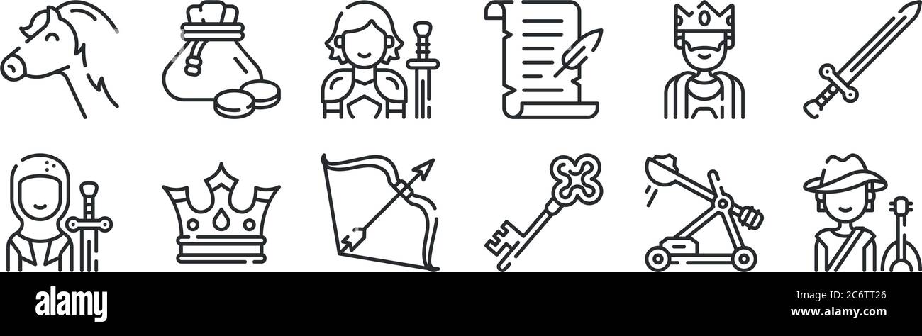 set di 12 icone con contorni sottili come bard, chiave, corona, re, cavaliere, monete per il web, cellulare Illustrazione Vettoriale