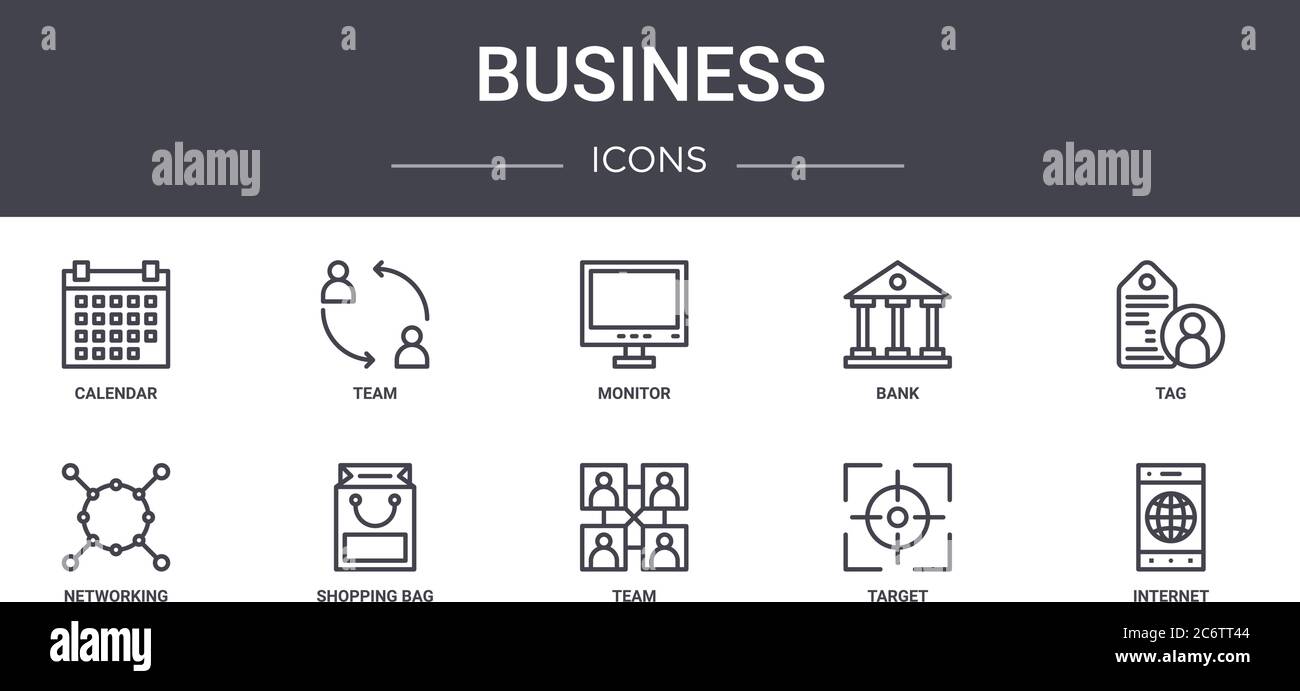 set di icone di linea di concetto aziendale. contiene icone utilizzabili per il web, il logo, l'interfaccia utente/utente, quali team, banca, networking, team, target, internet, tag, monitor Illustrazione Vettoriale