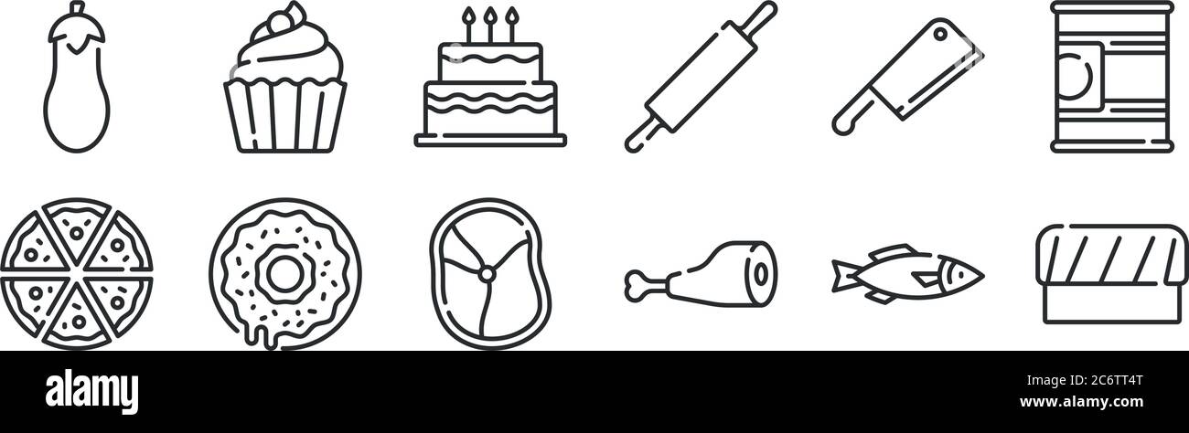 set di 12 icone di contorni sottili come cappello da chef, prosciutto gamba, ciambella, coltello sfaldatore, torta, cupcake per il web, mobile Illustrazione Vettoriale