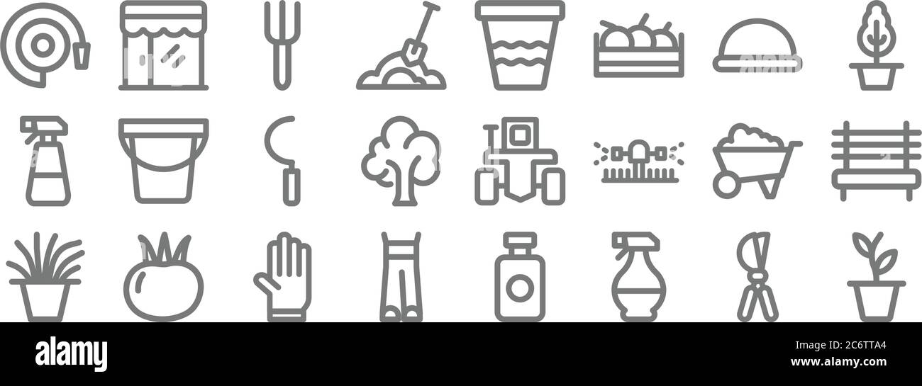 landscaping equipment line icons. set lineare. set di linee vettoriali di qualità come pentola di pianta, spray, pantaloni, pentola di pianta, carriola, falce, pentola di pianta, s Illustrazione Vettoriale