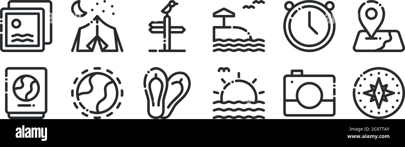 set di 12 icone con contorni sottili come bussola, sole, mondo, tempo, strada, campeggio per il web, cellulare Illustrazione Vettoriale