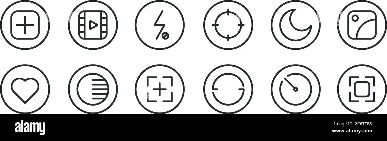 set di 12 icone con contorni sottili come fotocamera, ruota, regola, modalità notte, flash off, video per il web, cellulare Illustrazione Vettoriale