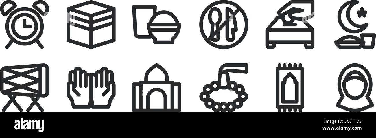 set di 12 icone di contorni sottili come avatar, perline, preghiera, carità, cibo, mecca per il web, mobile Illustrazione Vettoriale