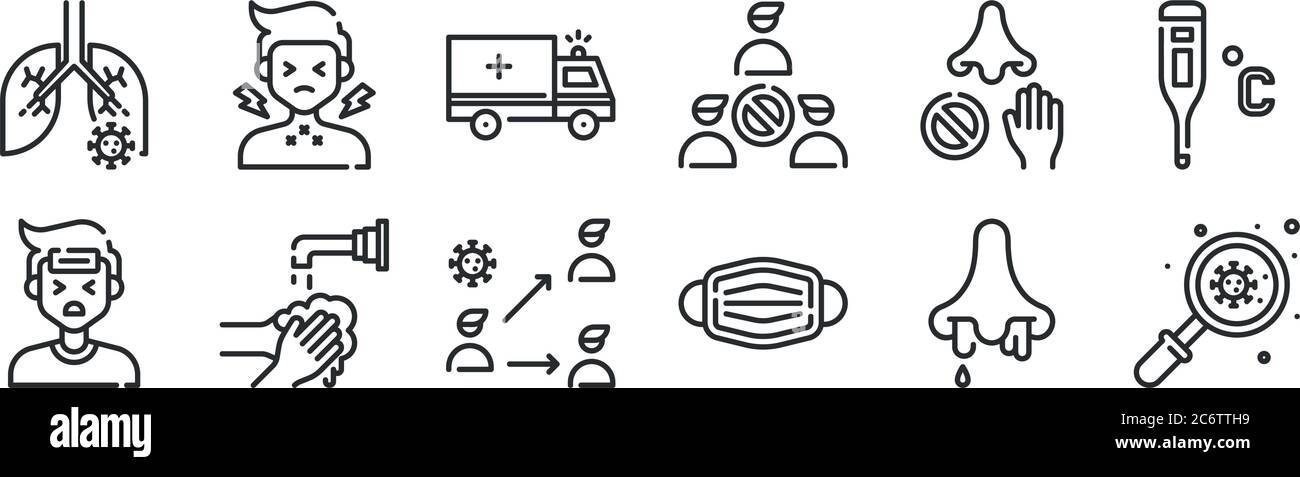 set di 12 icone con contorni sottili come virus, maschera medica, lavaggio a mano, evitare, ambulanza, mal di gola per il web, cellulare Illustrazione Vettoriale