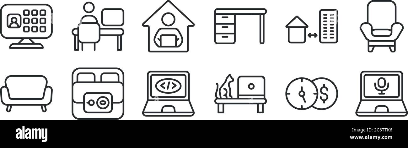 set di 12 icone con contorni sottili come computer portatile, laptop, colazione, ufficio domestico, casa, scrivania per il web, dispositivi mobili Illustrazione Vettoriale