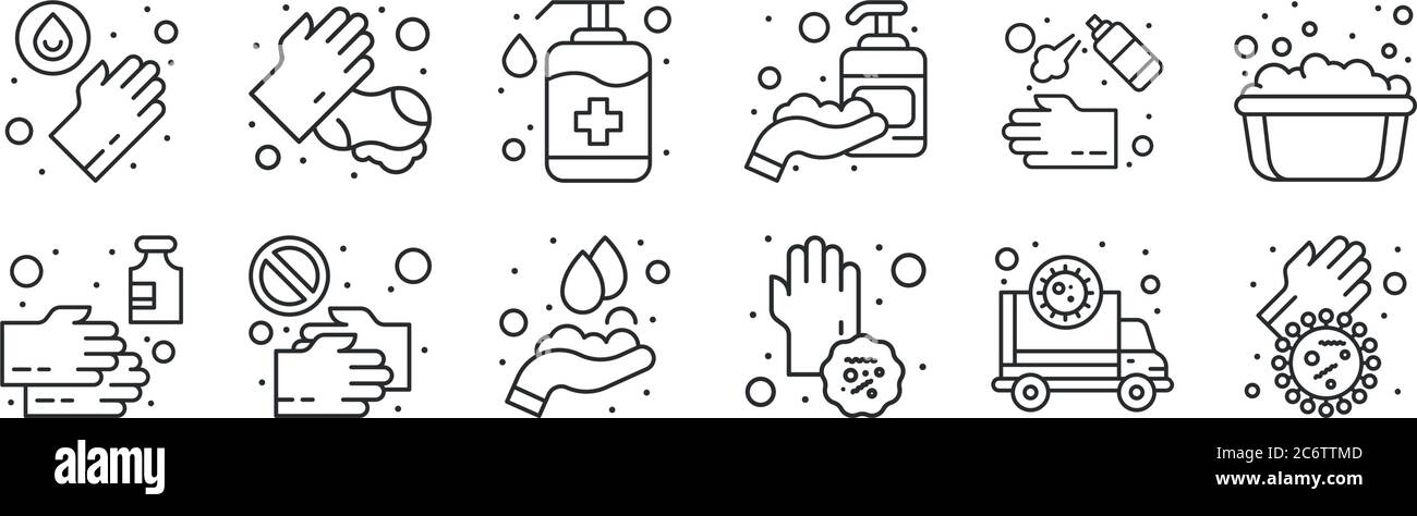 set di 12 icone con contorni sottili come sporco, sporco, senza vibrazioni, lavamani, lavamani, lavamani per web, cellulare Illustrazione Vettoriale