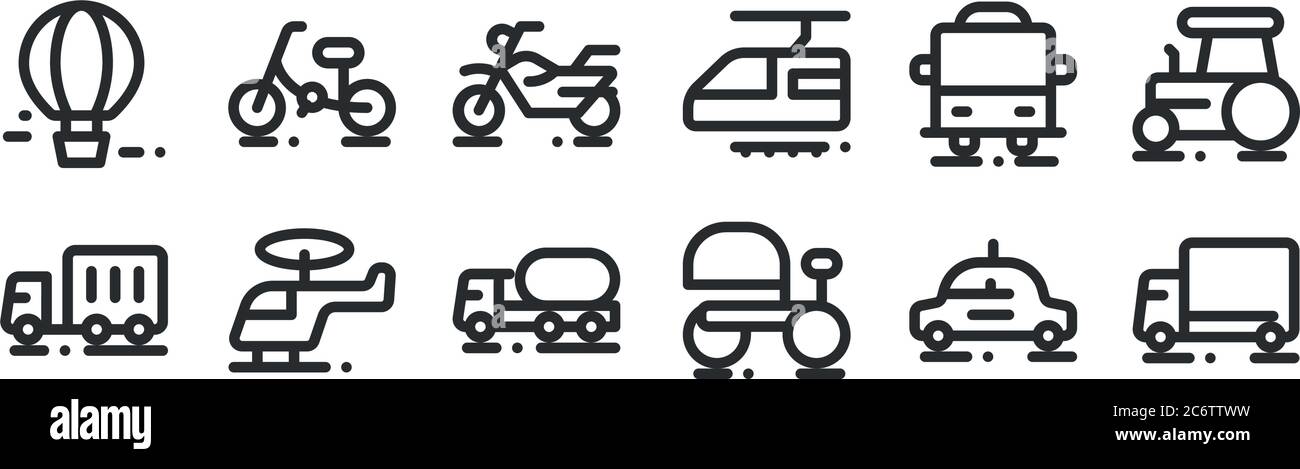 set di 12 icone con contorni sottili come camion, risciò, elicottero, autobus, moto, bicicletta per il web, cellulare Illustrazione Vettoriale