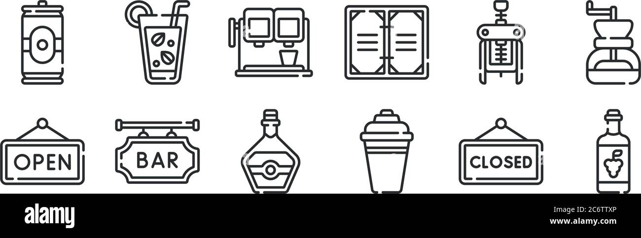 set di 12 icone con contorni sottili come vino, cocktail shaker, bar, cavatappi, bevande, mojito per il web, mobile Illustrazione Vettoriale