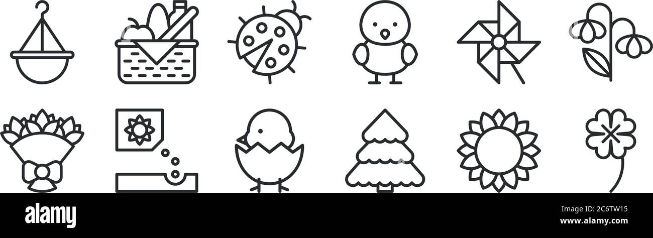 set di 12 icone di contorni sottili come trifoglio, albero, piantare, pinwheel, ladybug, cestino alimentare per il web, mobile Illustrazione Vettoriale