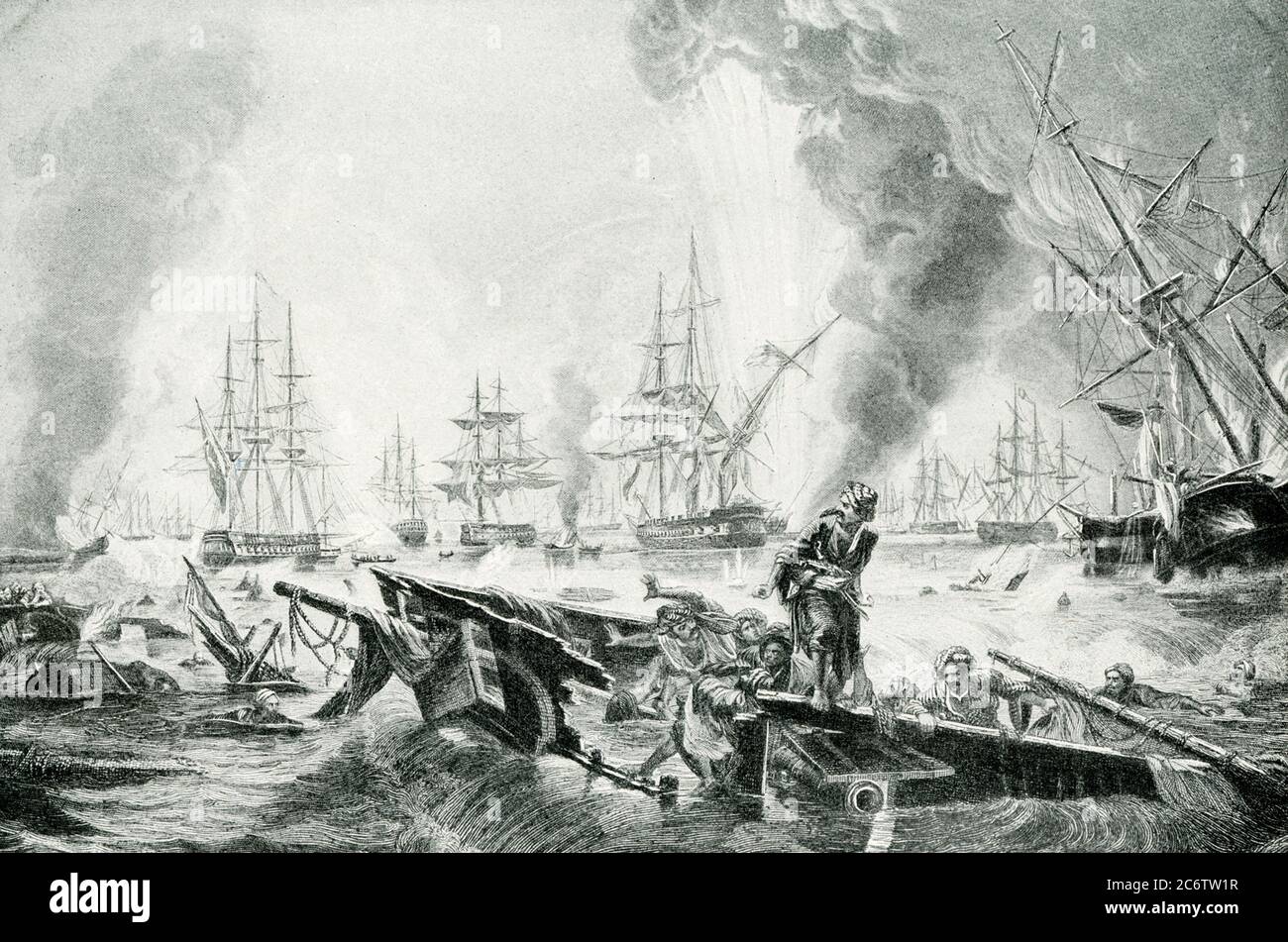 Distruzione della flotta turca a Navarino - 20 ottobre 1827. Questa battaglia straordinaria ha liberato la Grecia dal dominio turco. Eppure i greci non vi presero parte; e fu causato da un incidente. La Turchia non era in guerra né con la Russia, né con l'Inghilterra, né con la Francia; eppure i pescherecci da guerra delle ultime tre nazioni si sono uniti nella lotta contro una flotta turca. I Turchi avevano una forza schiacciante in numeri e cannoni; ma la loro intera flotta fu spazzata via, come lo furono gli spagnoli a Manila, dalla superiorità degli "uomini dietro le armi" dall'altra parte. didascalia che accompagna l'illustrazione dei primi anni del '900 Foto Stock