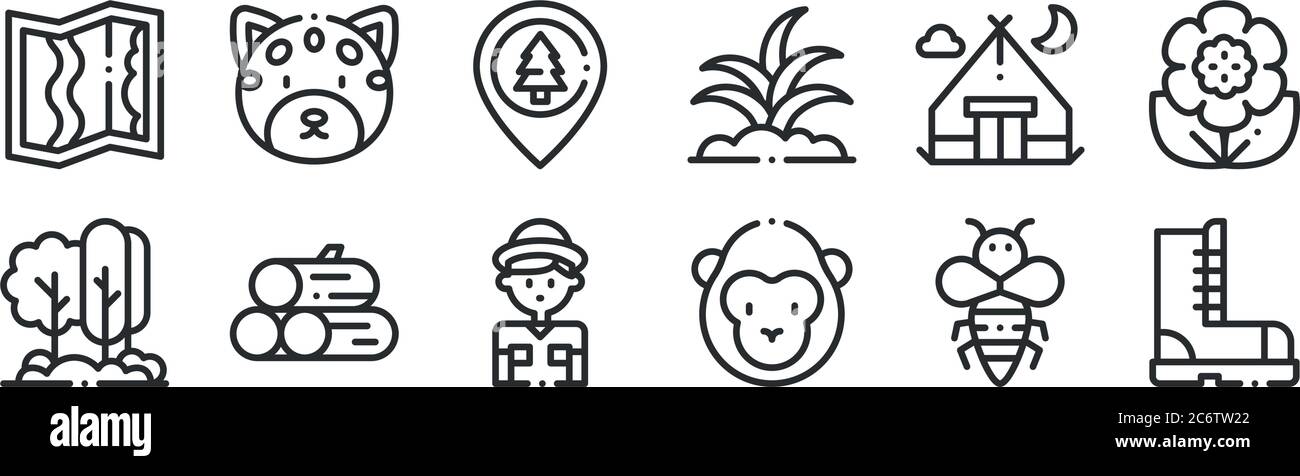 set di 12 icone con contorni sottili come stivali, gorilla, legno, tenda da campeggio, giungla, jaguar per il web, mobile Illustrazione Vettoriale