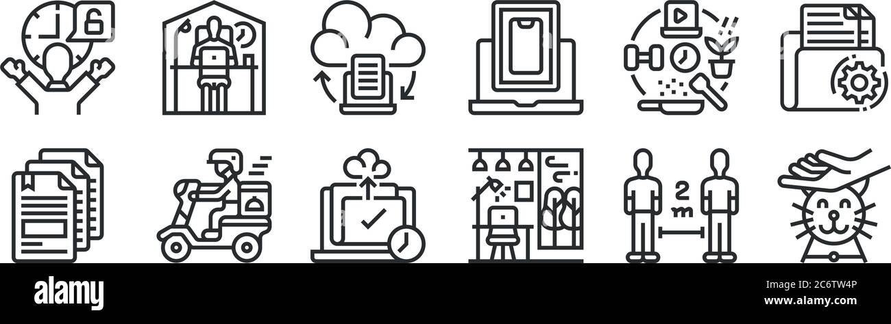 set di 12 icone con contorni sottili come giocare con animali domestici, ufficio domestico, consegna di cibo, hobby, cloud, rimanere a casa per il web, dispositivi mobili Illustrazione Vettoriale