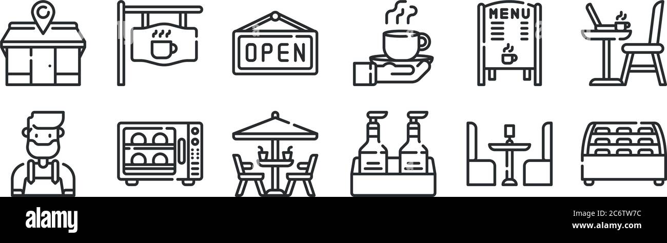 set di 12 icone con contorni sottili come frigorifero, sciroppo, forno, piatti del giorno, aperto, bar per il web, mobile Illustrazione Vettoriale