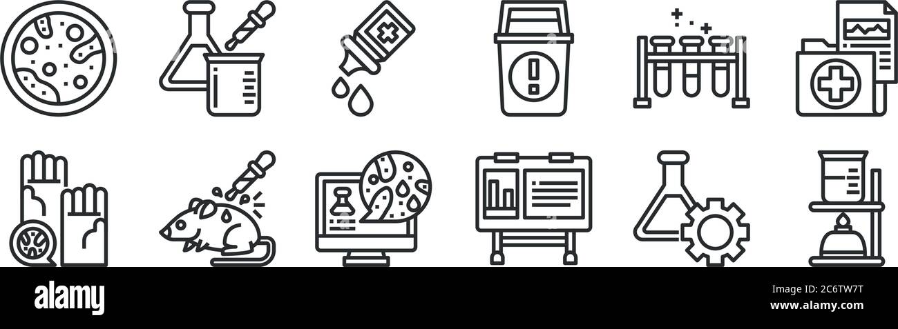 set di 12 icone a contorno sottile come bruciare, bordo, sperimentazione, provetta, vaccino, sperimentazione per il web, mobile Illustrazione Vettoriale