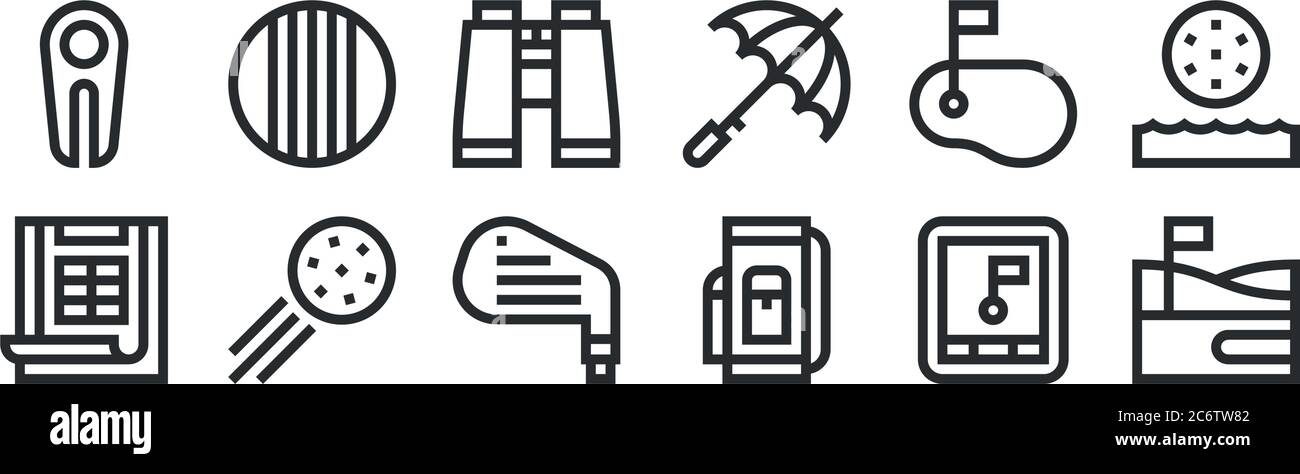 set di 12 icone di contorno sottile come campo da golf, borsa da golf, palla da golf, binocolo, palla per il web, cellulare Illustrazione Vettoriale