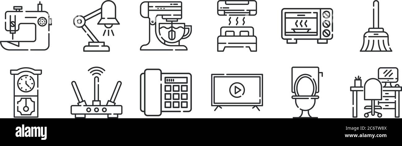 set di 12 icone con contorni sottili come workplace, smart tv, router, microonde, mixer, lampada da tavolo per il web, dispositivi mobili Illustrazione Vettoriale