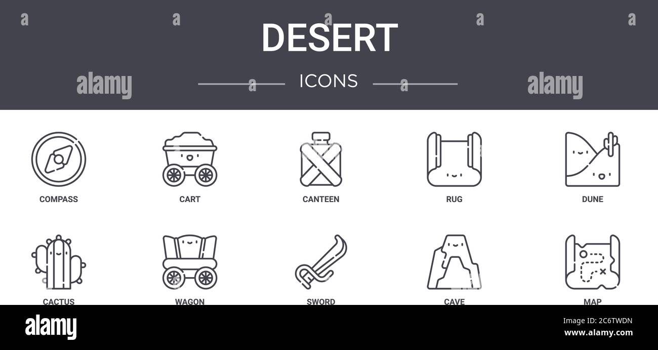 set di icone della linea di concetto desert. contiene icone utilizzabili per il web, logo, ui/ux come carrello, tappeto, cactus, spada, grotta, mappa, duna, mensa Illustrazione Vettoriale
