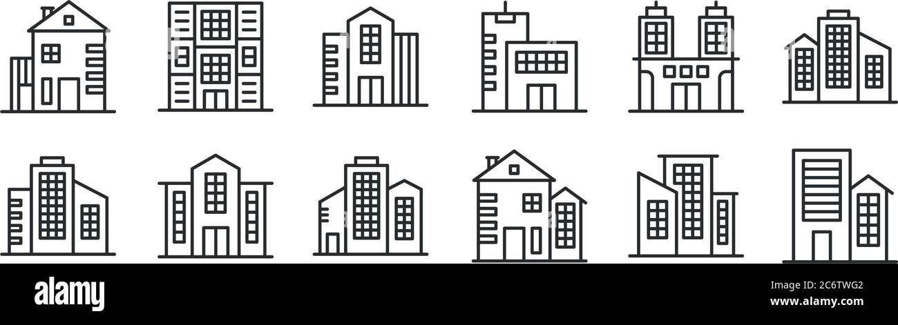 set di 12 icone di contorni sottili come edifici, edifici, edifici, per il web, per dispositivi mobili Illustrazione Vettoriale