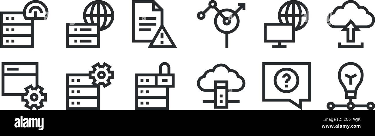 set di 12 icone con contorni sottili come idea, server cloud, rete, internet, errore, server globale per il web, dispositivi mobili Illustrazione Vettoriale