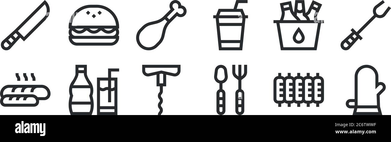set di 12 icone con contorni sottili come guanti, posate, bibite, secchio, coscia di pollo, hamburger per web, cellulare Illustrazione Vettoriale