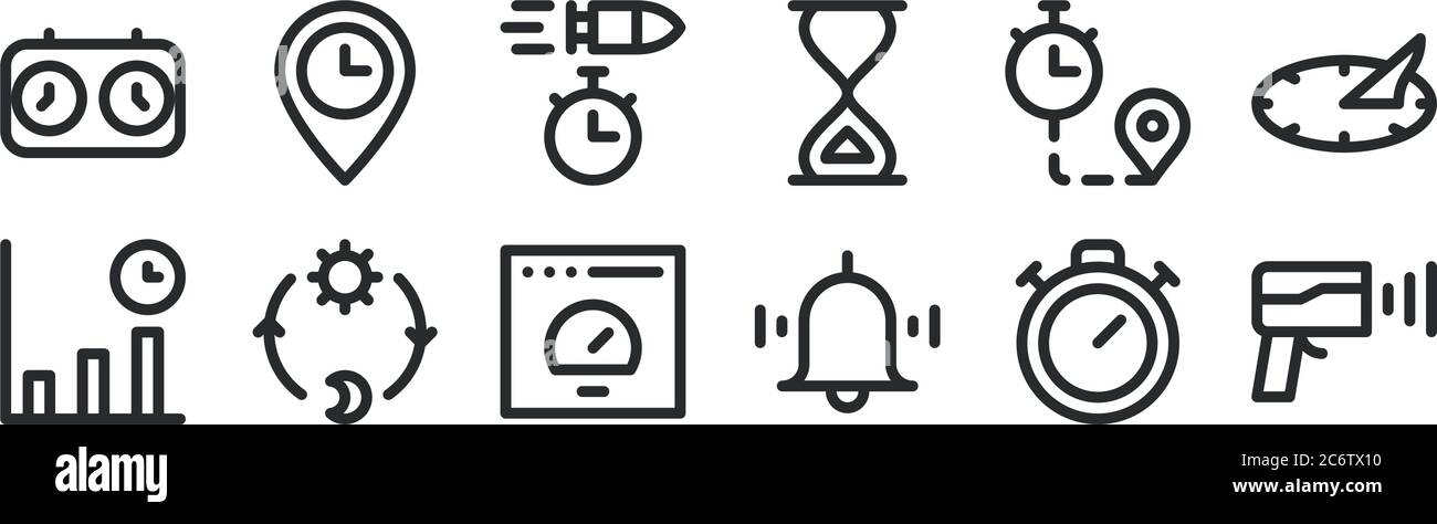 set di 12 icone con contorni sottili come radar di velocità, allarme, giorno e notte, durata, ora del proiettile, ora di arrivo per il web, cellulare Illustrazione Vettoriale