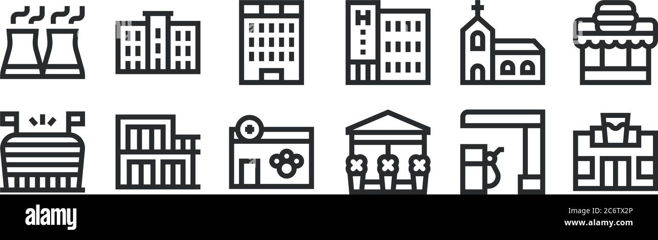 set di 12 icone di contorni sottili come pub, fioraio, chalet, chiesa, centro affari, scuola superiore per il web, mobile Illustrazione Vettoriale