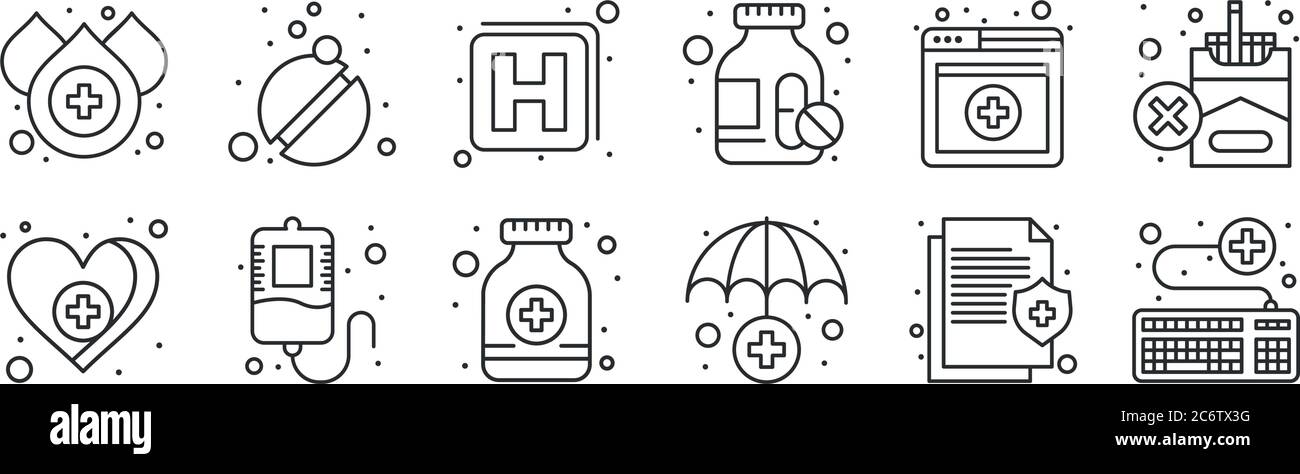 set di 12 icone sottili come il servizio medico, assicurazione medica, donazione di sangue, assistenza sanitaria e medica, ospedale, pillole per il web, mobile Illustrazione Vettoriale