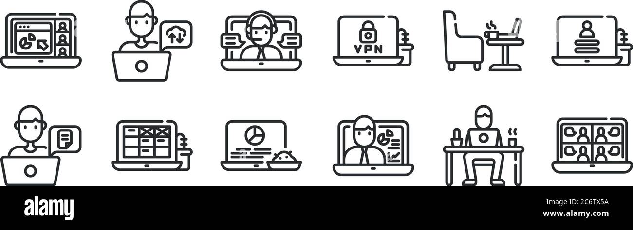 set di 12 icone con contorni sottili come chat video, presentazione, calendario, divano, conferenza, lavoro per il web, cellulare Illustrazione Vettoriale