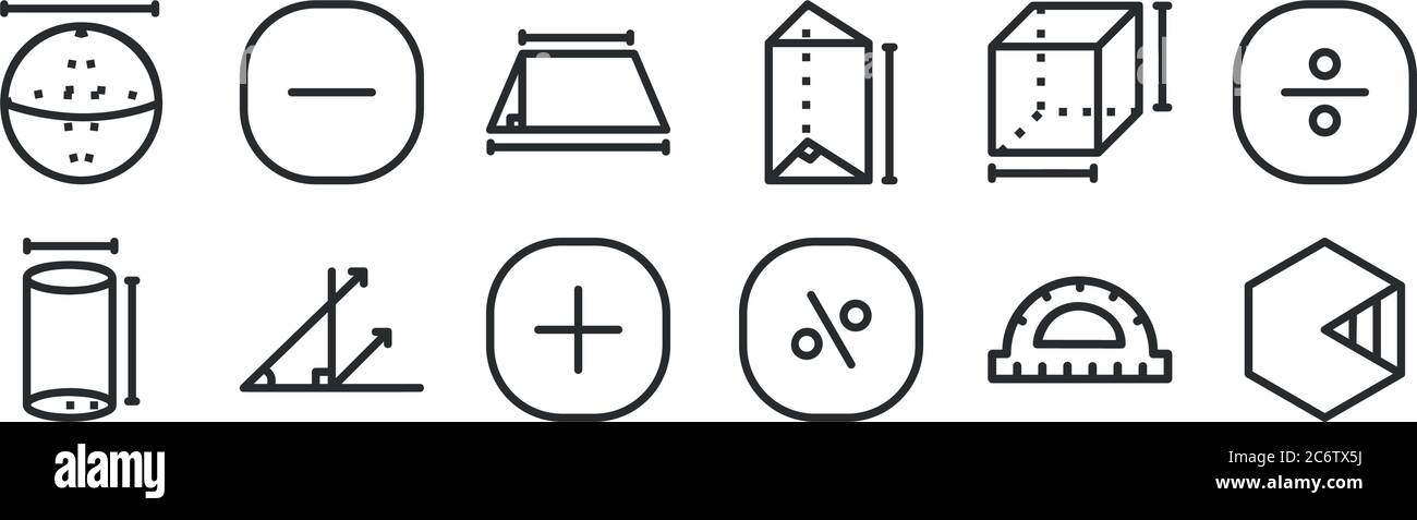 set di 12 icone di contorno sottili come esagonale, percentuale, angolo, cubo, geometria, sottrazione per web, mobile Illustrazione Vettoriale