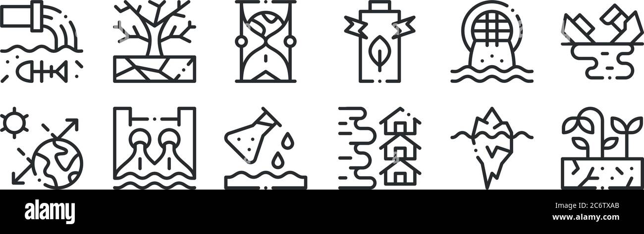 set di 12 icone con contorni sottili come siccità, alluvione, idroelettrico, urbano, clessidra, siccità per il web, mobile Illustrazione Vettoriale