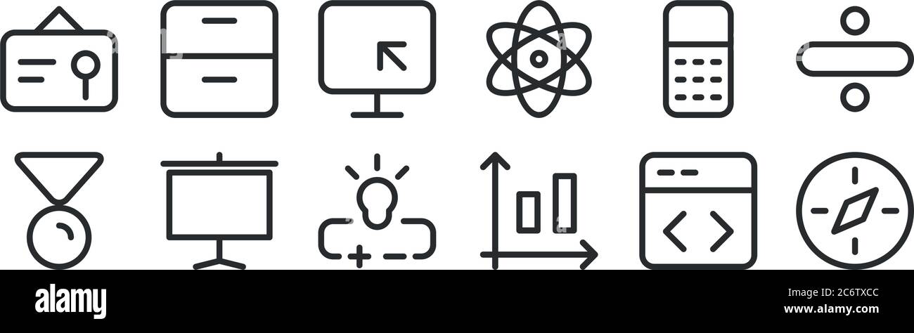 set di 12 icone con contorni sottili come bussola, grafico a barre, tela, calcolatrice, computer, mobile per il web Illustrazione Vettoriale
