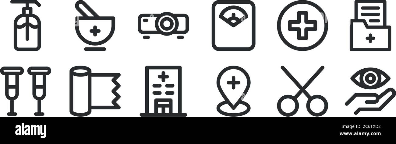 set di 12 icone con contorni sottili come visione, pin, tessuto, salute, proiettore, tradizionale per il web, mobile Illustrazione Vettoriale