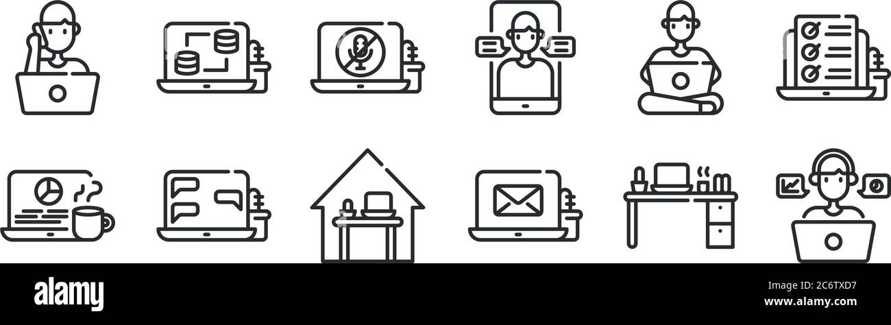 set di 12 icone con contorni sottili come lavoro, e-mail, chat, lavoro a casa, mute, database per il web, dispositivi mobili Illustrazione Vettoriale