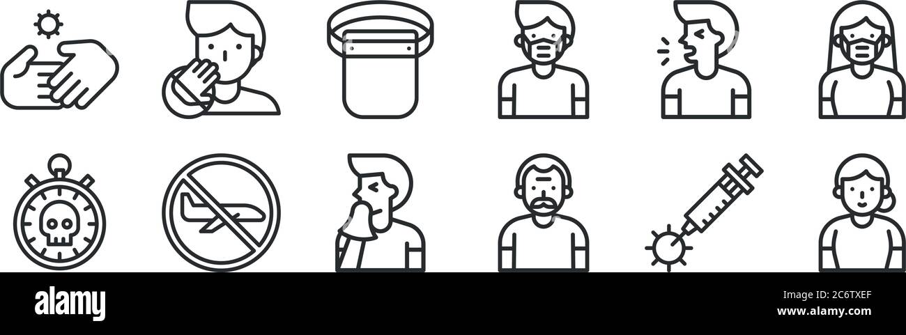 set di 12 icone con contorni sottili come anziani, anziani, voli, tosse, indumenti protettivi, non toccare per il web, dispositivi mobili Illustrazione Vettoriale
