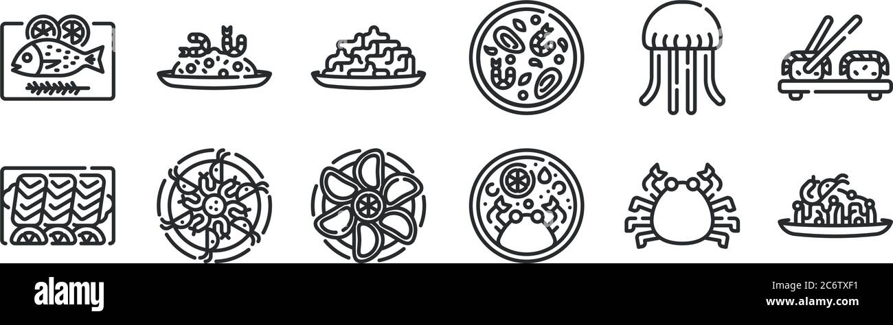 set di 12 icone di contorni sottili come pasta, granchio, gamberi, meduse, alghe, riso fritto per web, mobile Illustrazione Vettoriale