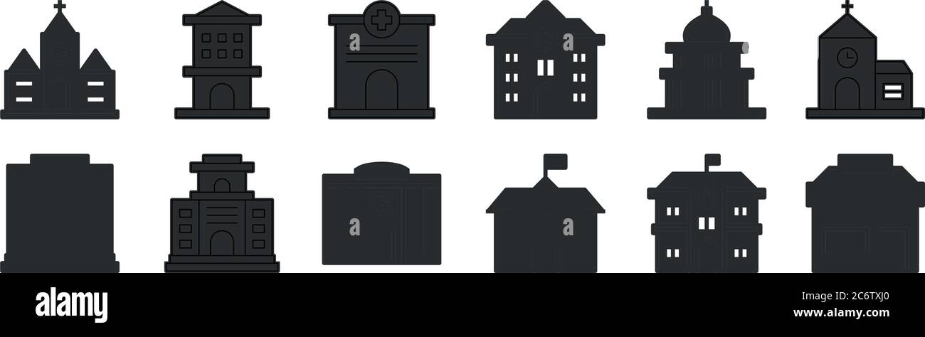 set di 12 icone con contorni sottili come casa, scuola, hotel, moschea, ospedale, appartamento per il web, cellulare Illustrazione Vettoriale
