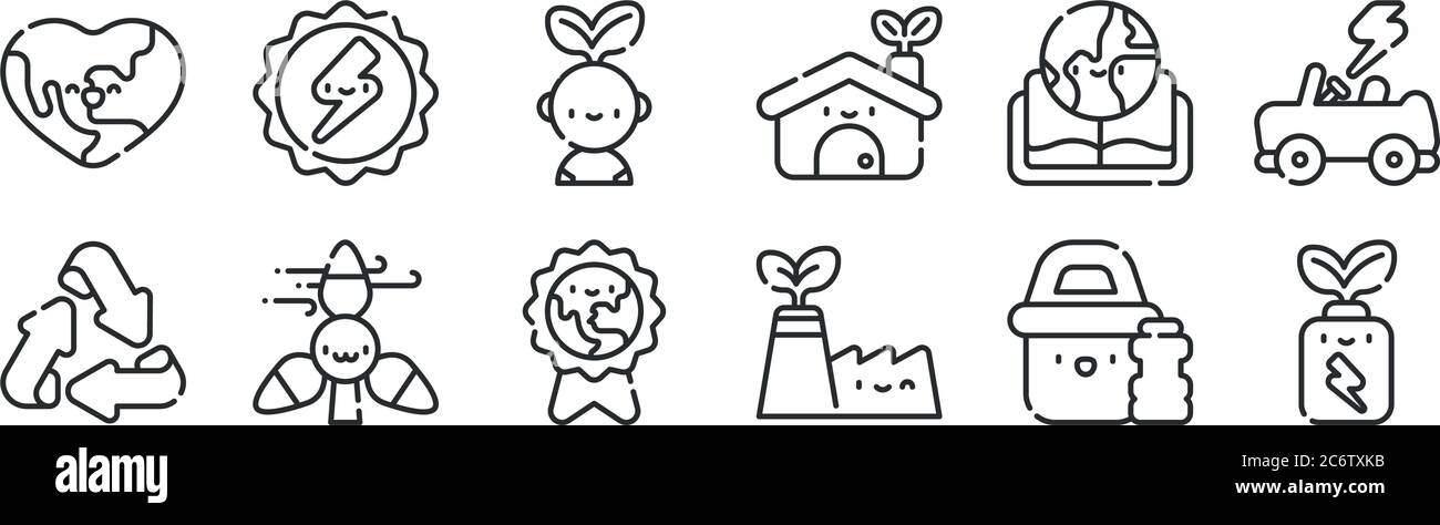 set di 12 icone con contorni sottili come batteria eco, fabbrica ecologica, energia eolica, libro, pensare, energia solare per il web, mobile Illustrazione Vettoriale