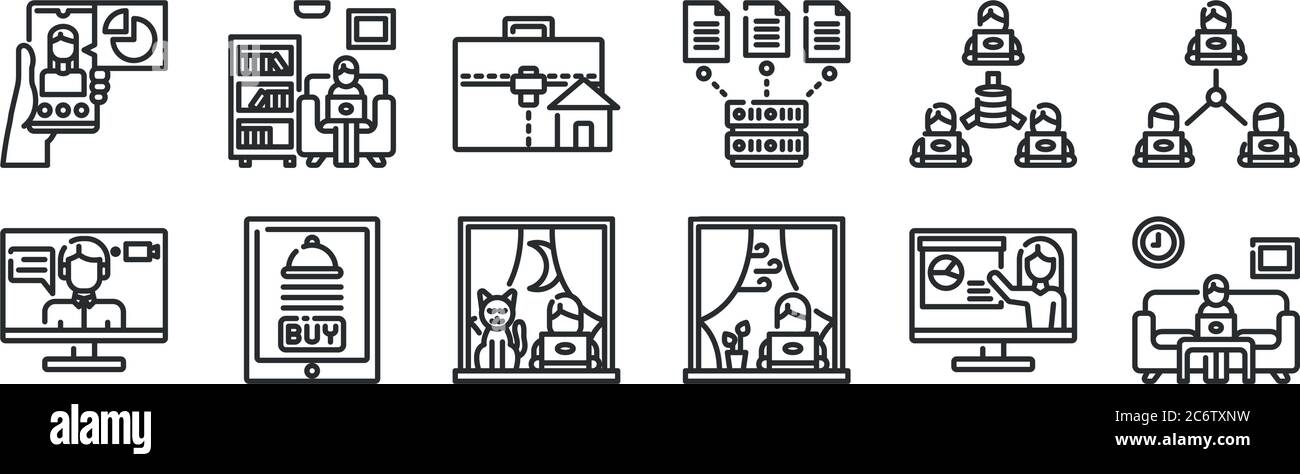 set di 12 icone con contorni sottili come lavoro, lavoro, consegna di alimenti, database, lavoro a casa, per il web, per dispositivi mobili Illustrazione Vettoriale