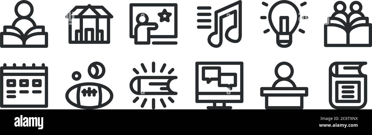 set di 12 icone di contorno sottile come ebook, chat online, sport palla, idea, insegnamento creativo, università per il web, mobile Illustrazione Vettoriale