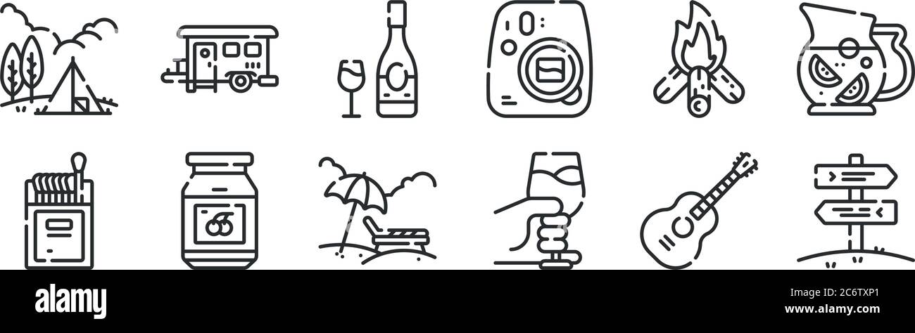 set di 12 icone a contorno sottile come , bicchiere di vino, ciliegia, falò, bottiglia di vino, cabina per web, mobile Illustrazione Vettoriale
